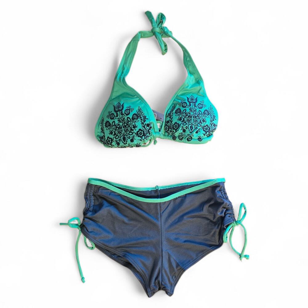 Green Olive Halter Bikini Set L Boyshort Bottoms Side Tie NWT
